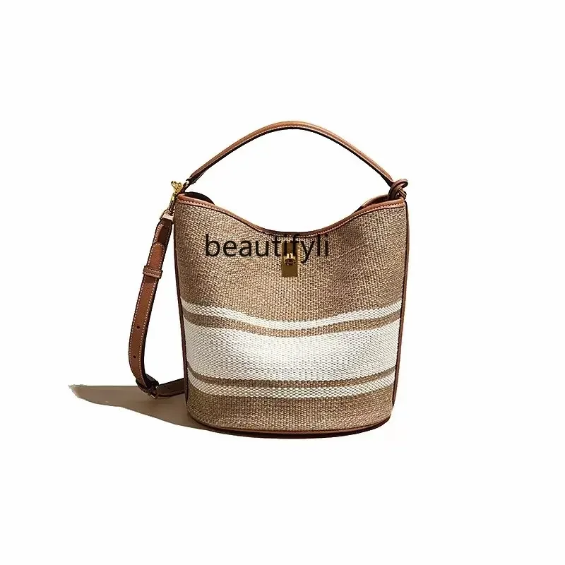 

zq Niche Bucket Bag High-Grade Contrast Color Canvas Bag Women's Portable One-Shoulder Crossboby Bag