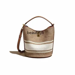 zq Niche Bucket Bag High-Grade Contrast Color Canvas Bag Women's Portable One-Shoulder Crossboby Bag