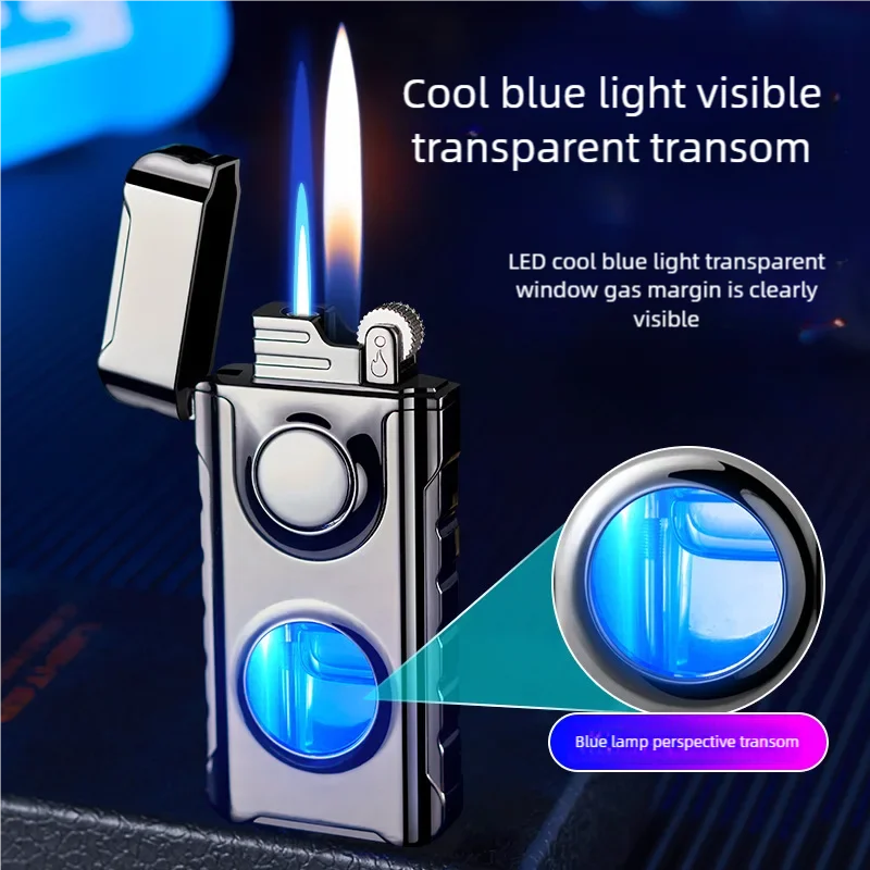 New Double Fire Direct Charging and Bright Fire Lighter with Flexible Switching, Creative Perspective Window with Blue Light Inf