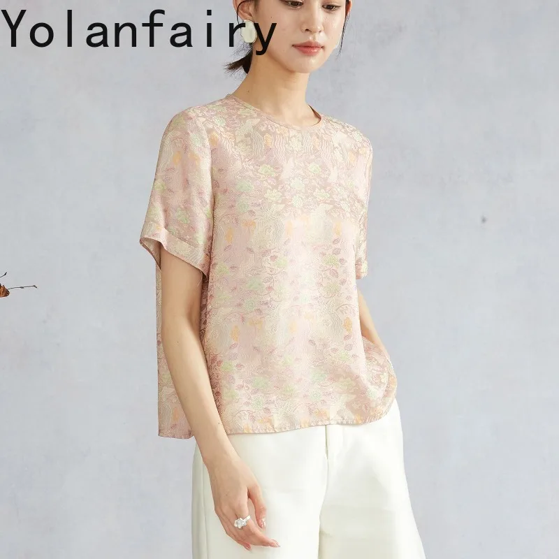 YOLANFAIRY 22mm Real Mulberry Silk T Shirts for Woman Summer Jacquard Tshirt Elegant Short Sleeve Tops Casual tee shirt femme
