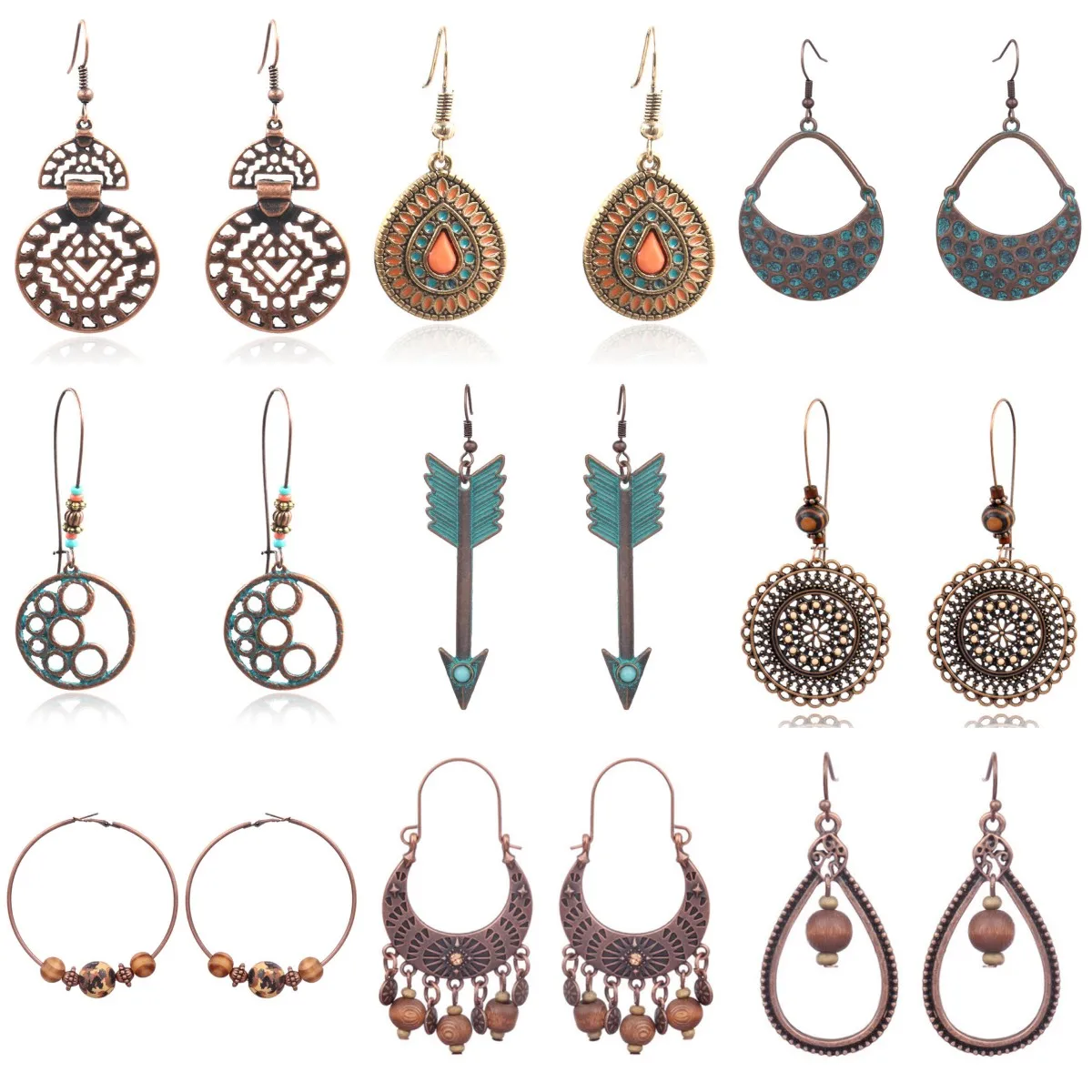 Bohemian Retro Ethnic Earrings For Women Ancient Copper Round Pendant Carving Flowers Drop Earrings Gypsy 2023 Jewelry Gift