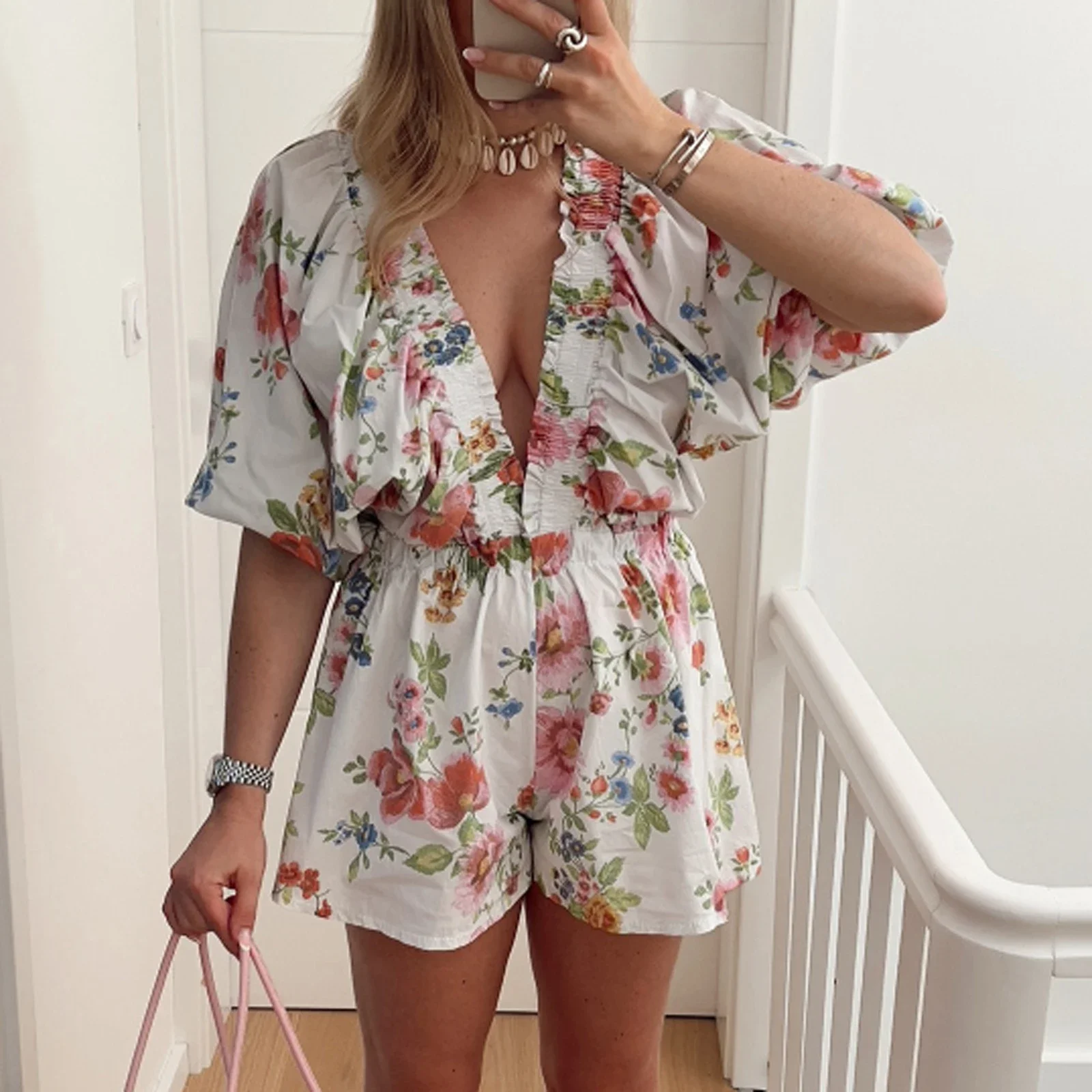 Women's Bohemian Fashion Short Jumpsuit Summer Half Sleeve V Neck Wide Leg Floral Print Rompers Playsuit