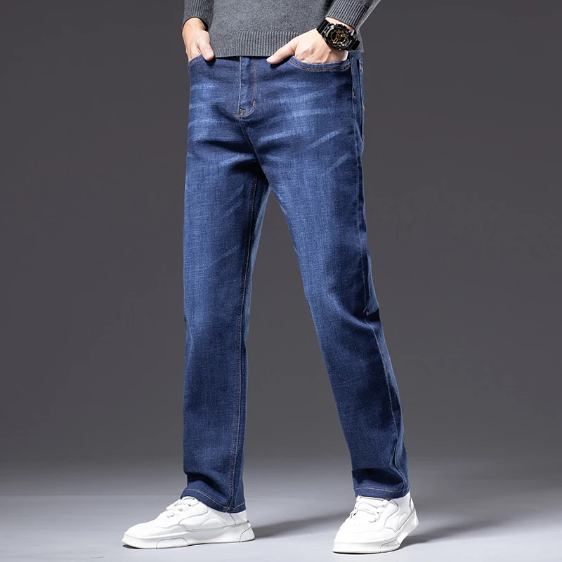 Autumn Men's Blue Straight-leg Loose-fitting Brand Jeans Plus Size 40 42 44 Business Casual Cotton Stretch Denim Pants Male