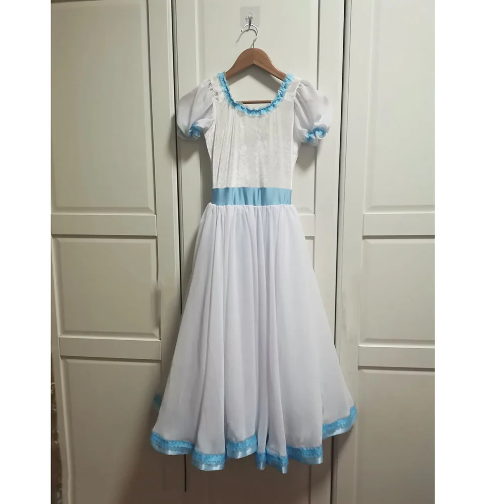 White Clara Ballet Long Dress Blue Ribbons, Velvet Top And Chiffon Skirt Romantic Ballet Costumes For Performance