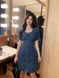 Women Denim Mini Dresses Summer Female Square Collar Short Sleeve Large Size Elegant Casual Black Blue single-breasted Vestidos