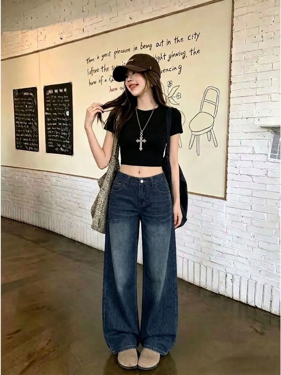 Loose Wide Leg Straight Cut Jeans Women's Spring Autumn New Design Casual High Waist Comfortable Slimming Individual Style