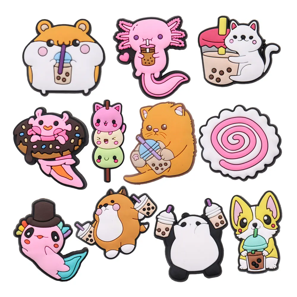 50pcs Wholesale PVC Animal Drinks Bubble Tea Food Shoes Charms Decorations Adult Sandals Button Fit Bracelet