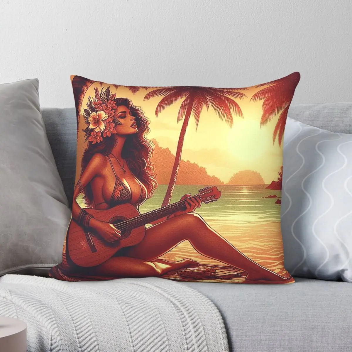 Tropics Manderin Guitar Goddess Square Pillowcase Polyester Linen Velvet Printed Zip Decor Pillow Case Sofa Cushion Cover