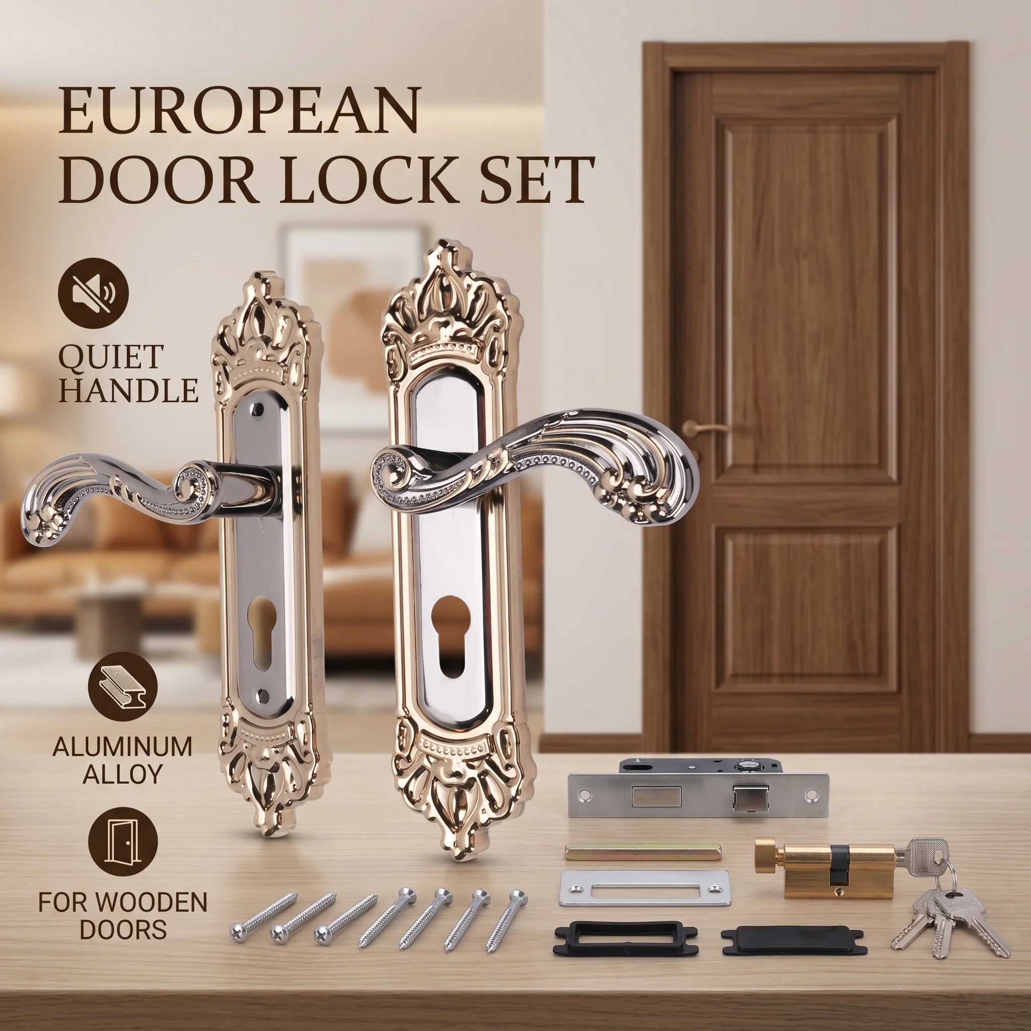 Serrure de porte intérieure robuste avec bouton large et panneau épaissi, levier de porte silencieux et antirouille pour chambre, école, hôtel