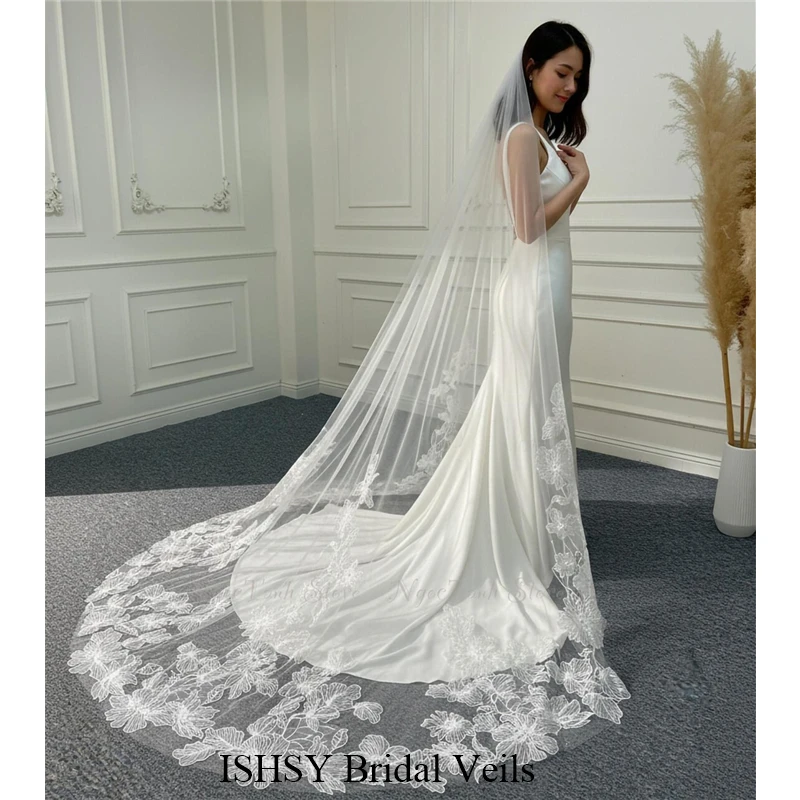 فريدة من نوعها مطرز سباركلي الزفاف الحجاب الزهور الكبيرة الزهور الساطعة كاتدرائية طويلة الأبيض العاجي تول للعرائس #3