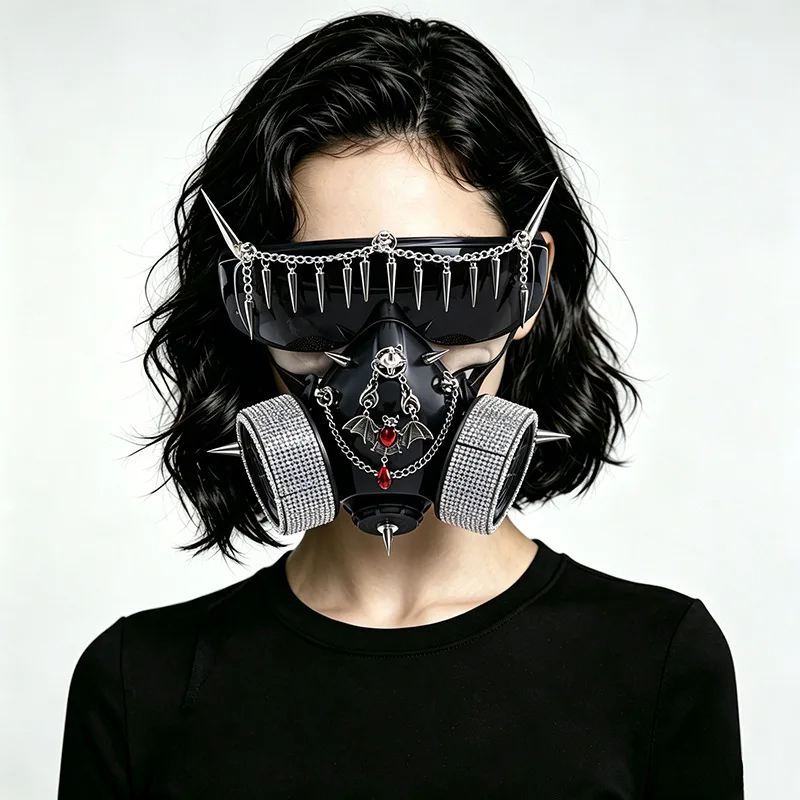 New Steampunk Cyberpunk Mask With Goggles Bat Rhinestone Rivet Chain Gothic Cosplay Halloween Masquerade Party Costume Accessory