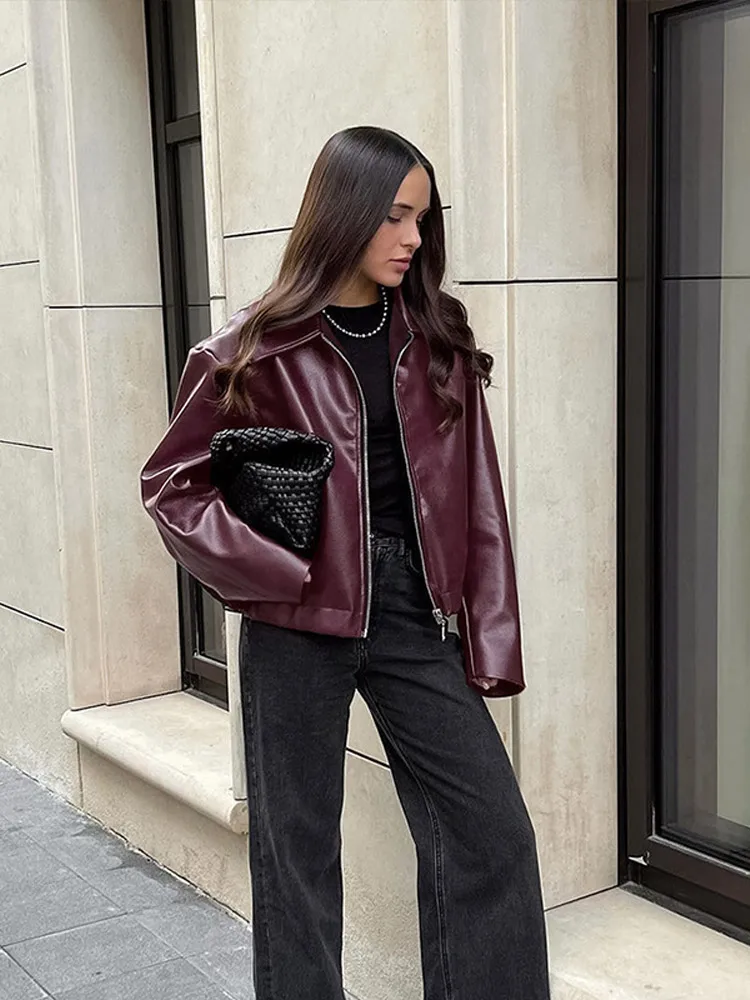 Street Leather Zipper Lapel Jackets Women Casual Wine Red Long Sleeve Coats For Woman Vintage Short Motorcycle Outwears Tops