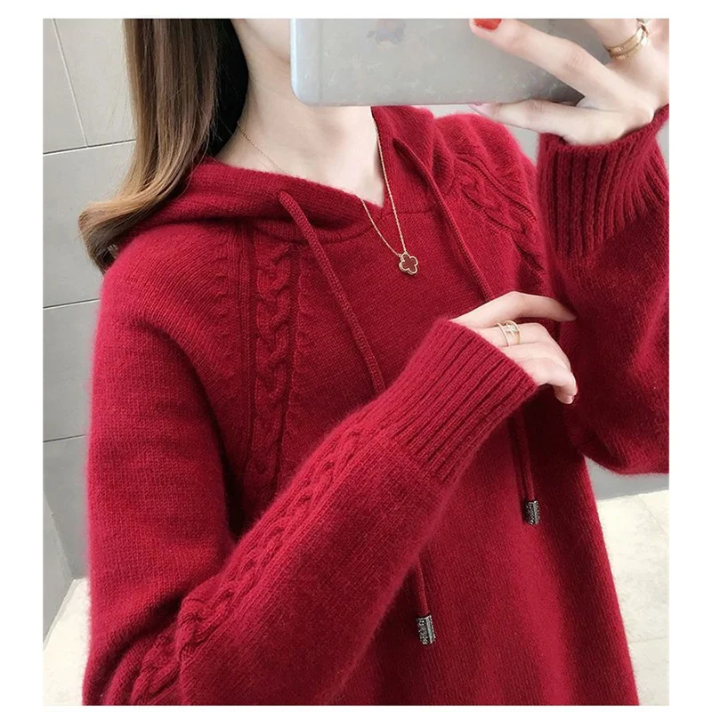 Korean Autumn Winter Women Knitwear New Add Velvet/No Velvet Female Pullover Loose Hooded Sweater Femme Pullovers Knitting Coats