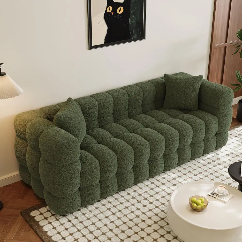 

Большой трехместный диван-софа из шерпы, глубокий диван-облако 80,3 дюйма с 2 подушками, оливково-зеленый диван для гостиной