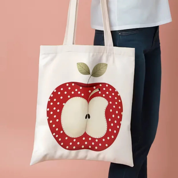 

Сумка в горошек с красным яблоком - парусиновая многоразовая сумка на плечо с фруктовым принтом, женская повседневная универсальная сумка для покупок