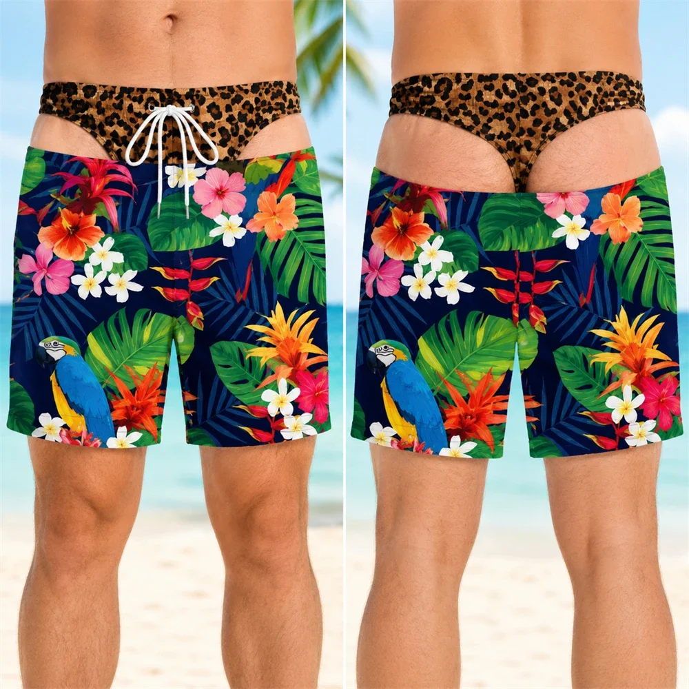 Funny Optical Illusion Men Beach Shorts Tropical Parrot Floral Print Fake Leopard Thong Design Hawaiian Prank Board Shorts