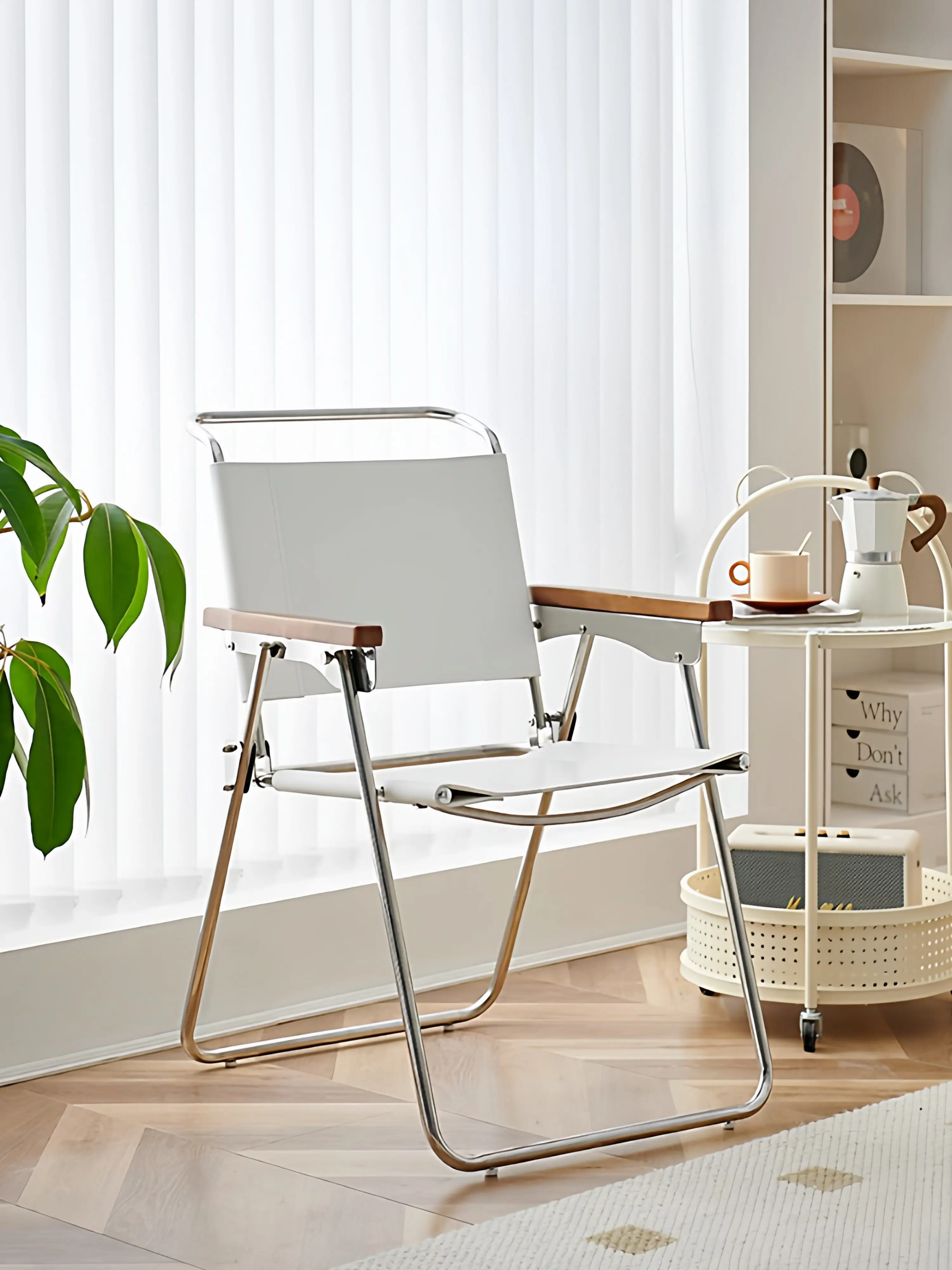 Nordic Retro Dining Chair Modern Minimalist Stainless Steel Saddle Leather Folding Backrest Chair Internet Famous OfficeArmchair