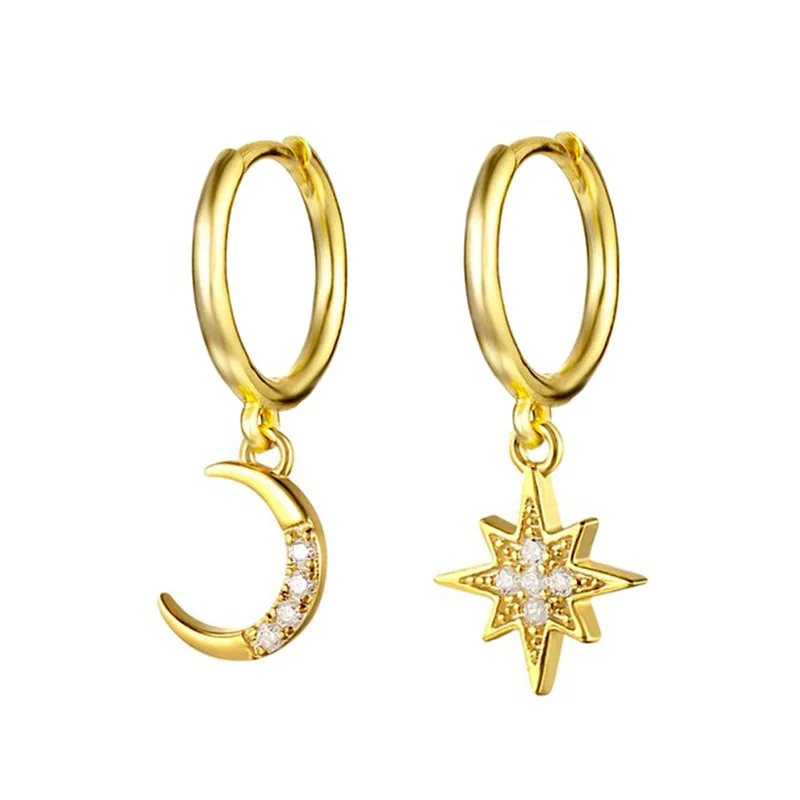 Prevenire l\'allergia orecchini in argento 925 con ago asimmetrico a forma di stella e luna orecchini con ciondoli in cristallo per gioielli da donna