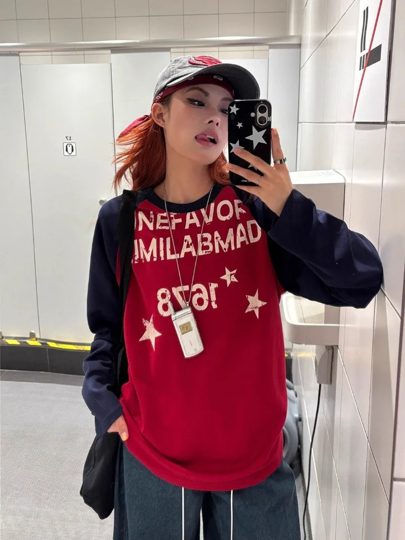 긴 소매 컬러 블록 레터 후디 여성 의류 그래픽 심플 우아 다용도 패셔너블 루즈하고 넉넉한 후디