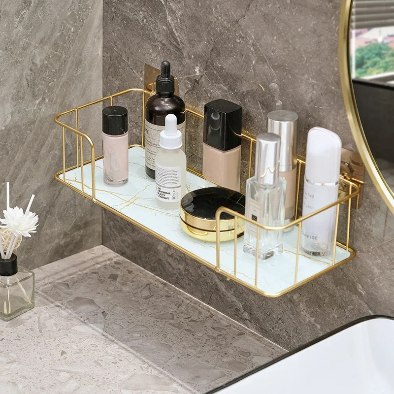 

Luxury Bathroom Shelf without drilling Iron Wall Shelf with Marble style Glass Plate Makeup Storage Rack Bathroom Accessories