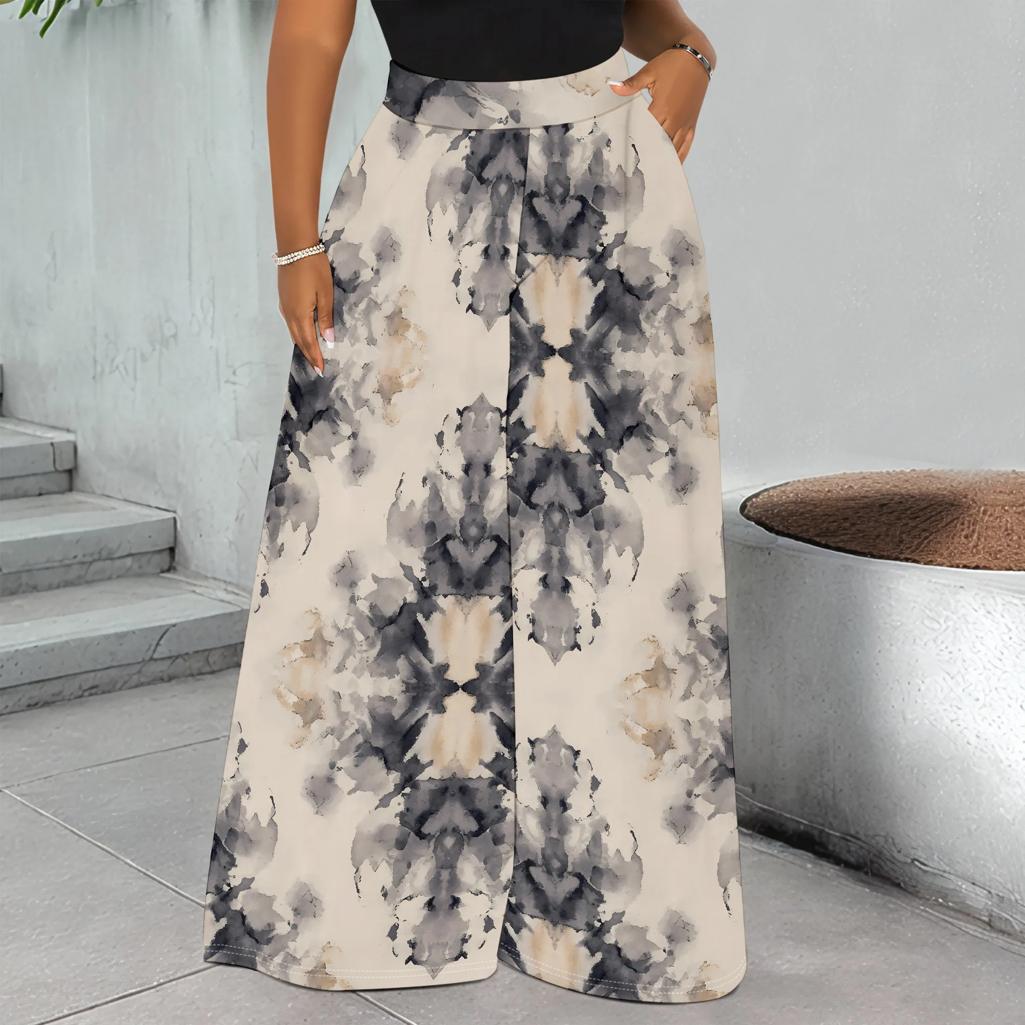 

Abstract Print Wide Leg Pants, Ink Wash Pattern Trousers, High Waist Pocket Pants, Casual Summer Bottoms for Women, S-3XL