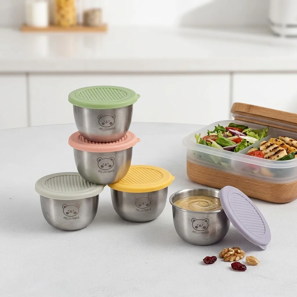 1/6Pcs 304 Stainless Steel Dressing Sauce Container Reusable Round Dipping Sauce Cup With Lid Outdoor Portable Sealed Sauce Box