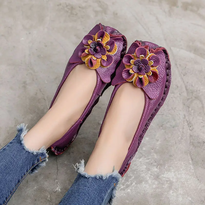 2022 Women\'s Noble Purple Moccasins Geunine Leather Vintage Flats Woman Deisgner Flat Shoes for Women Sewing Oxford Sneaker