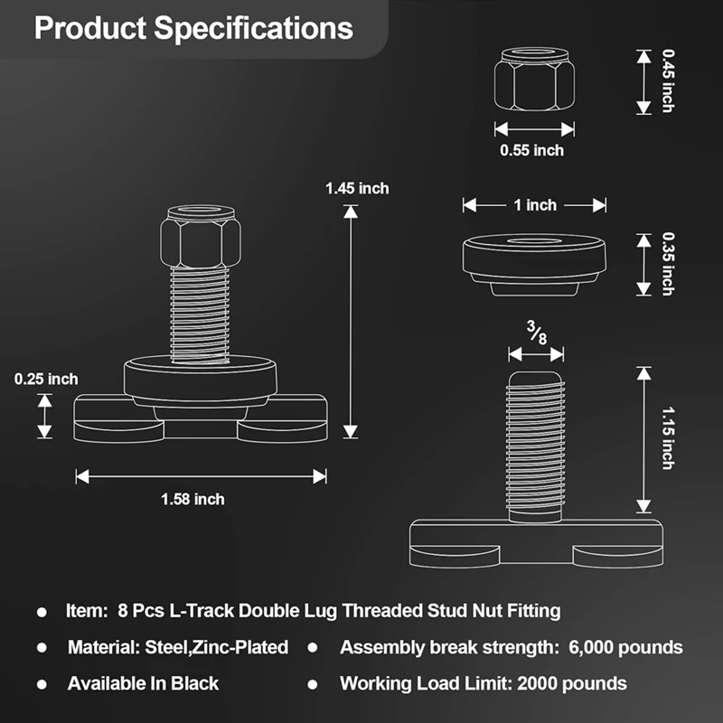 8 Pcs L-Track Double Lug Threaded Stud Nut Fitting Tie Down Used With L Track Rail For Truck Bed,Trailer Cargo