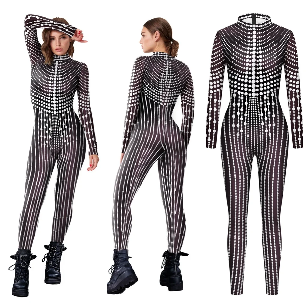 Vrouwen Mannen Punk Robot Abstracte Kunst Imitatie Lovertje 3d Geprint Jumpsuit Halloween Cosplay Kostuum