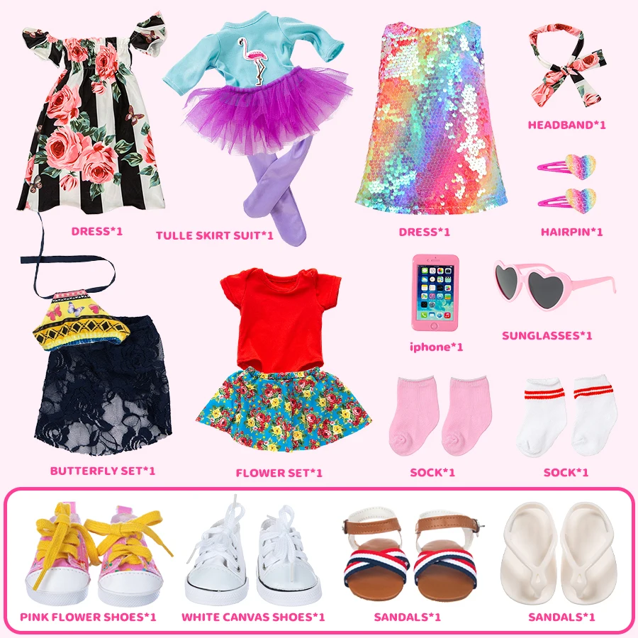 Vêtements Pop Butter pour filles, robe, haut, jupe courte, chaussures, téléphone, American Reborn Baby, accessoires de sac à dos, cadeau, 18 po, 45cm