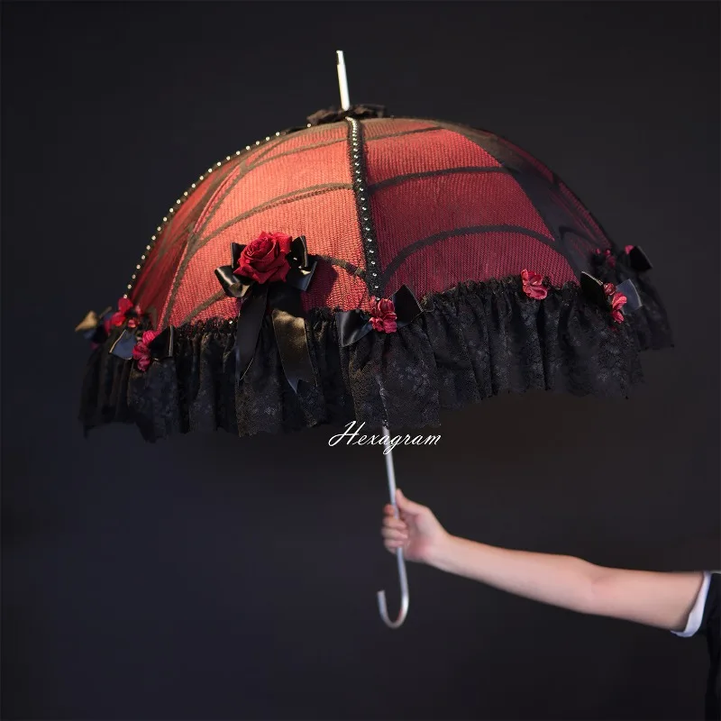 Gothic Wine Red Spiderweb Lolita Umbrella Lace Bowknot Rose Decorative Parasol Dual‑use Sun Rain Atmosphere Fashion Accessory