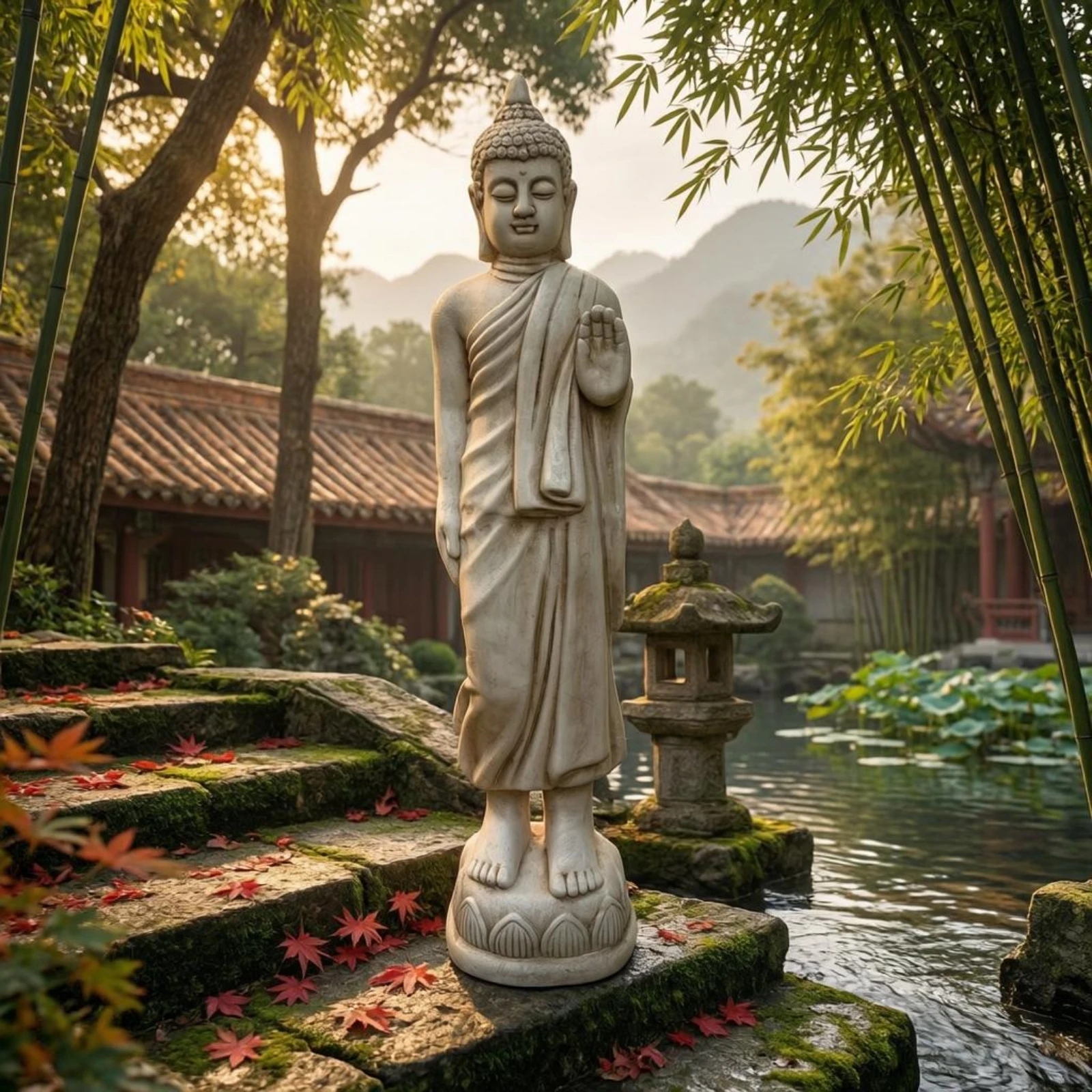 Lotus Base Buddha Statue Antique Style Standing Buddha Figurine Decor Item Textured Hair Curls Easy to Clean for Display