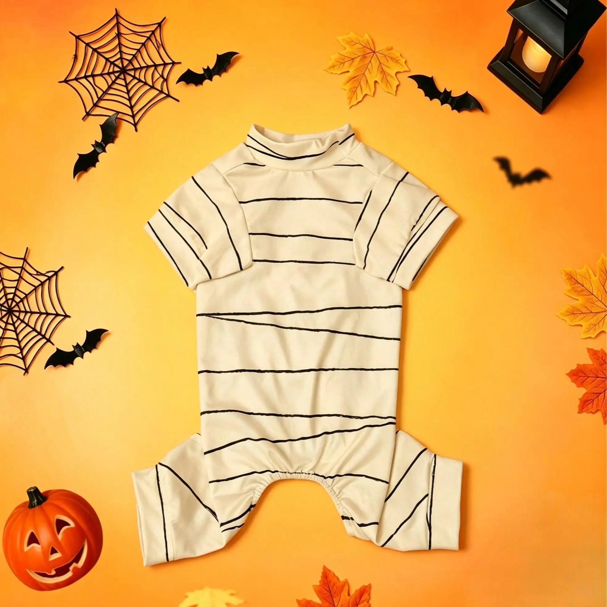 Halloween Mumien-Bandage Gestreifter Hunde-Vierbeiner-Overall mit Spähenden Mumienaugen und Handabdruck Haustier-Pyjama-Outfit für Kleine und Mittelgroße Hunde und Katzen – Detail 8