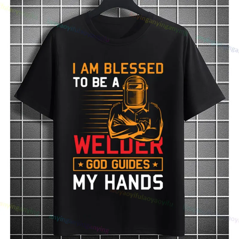 Men'S Welder Graphic T-Shirt - "God Guides My Hands" Fashion Short-sleeve Pure Cotton O-neck Casual Humor Style Tshirt