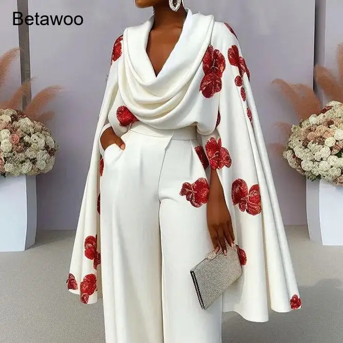 

Women's Elegant White Cape Jumpsuit with 3D Red Rose Embellishments Long Sleeve Wide Leg Formal Evening Gown Party Prom Outfit
