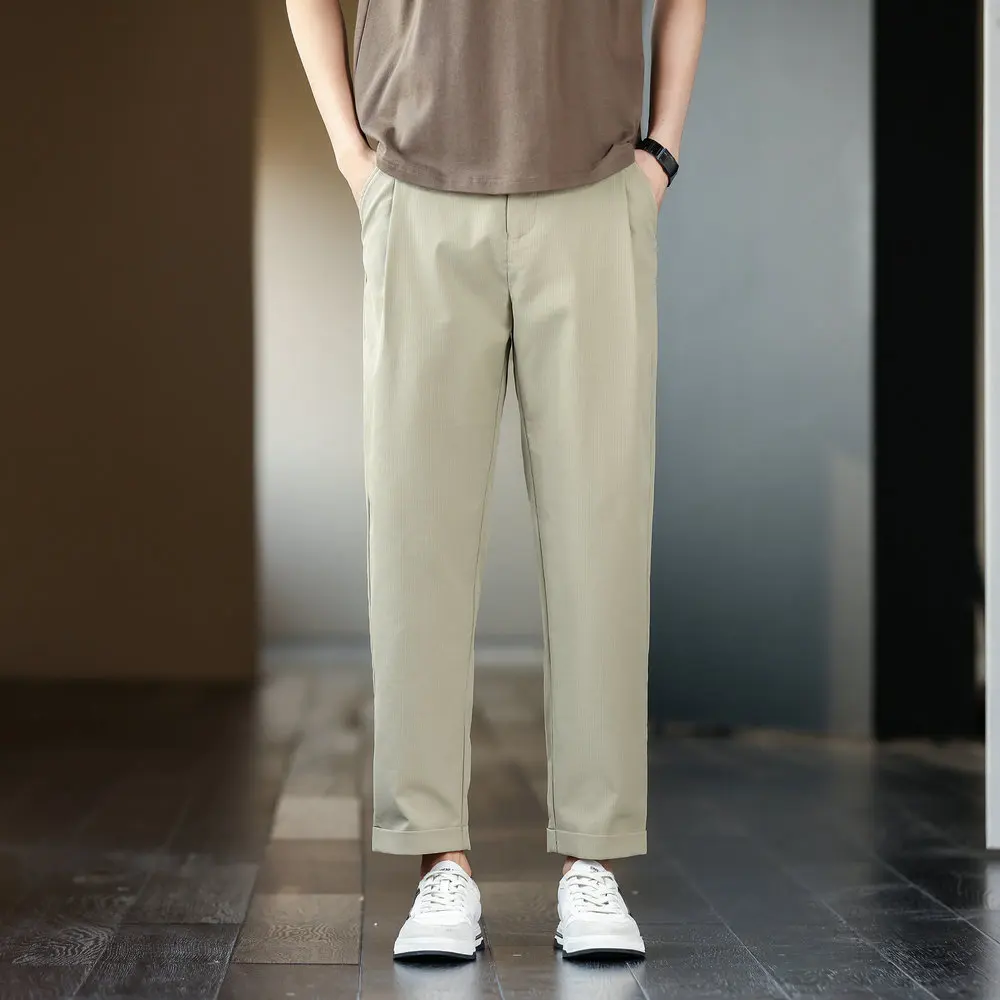 

Men's Beige Zipper Waist Slim Fit Straight Trousers Business Casual Pants Black 6-Stitch Hemming Underwear 2025 Spring Summer