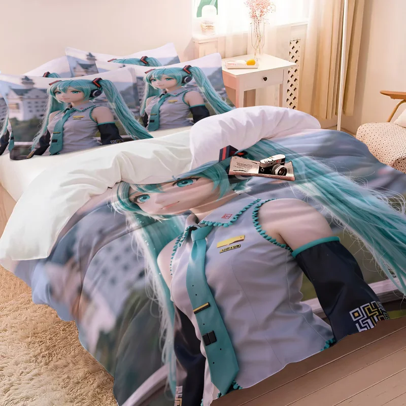 初音ミク-ノイシュヴァンシュタイン城布団カバーセットアニメガール寝具枕カバー付きゲームルームティーンズベッドルーム装飾ファンギフト