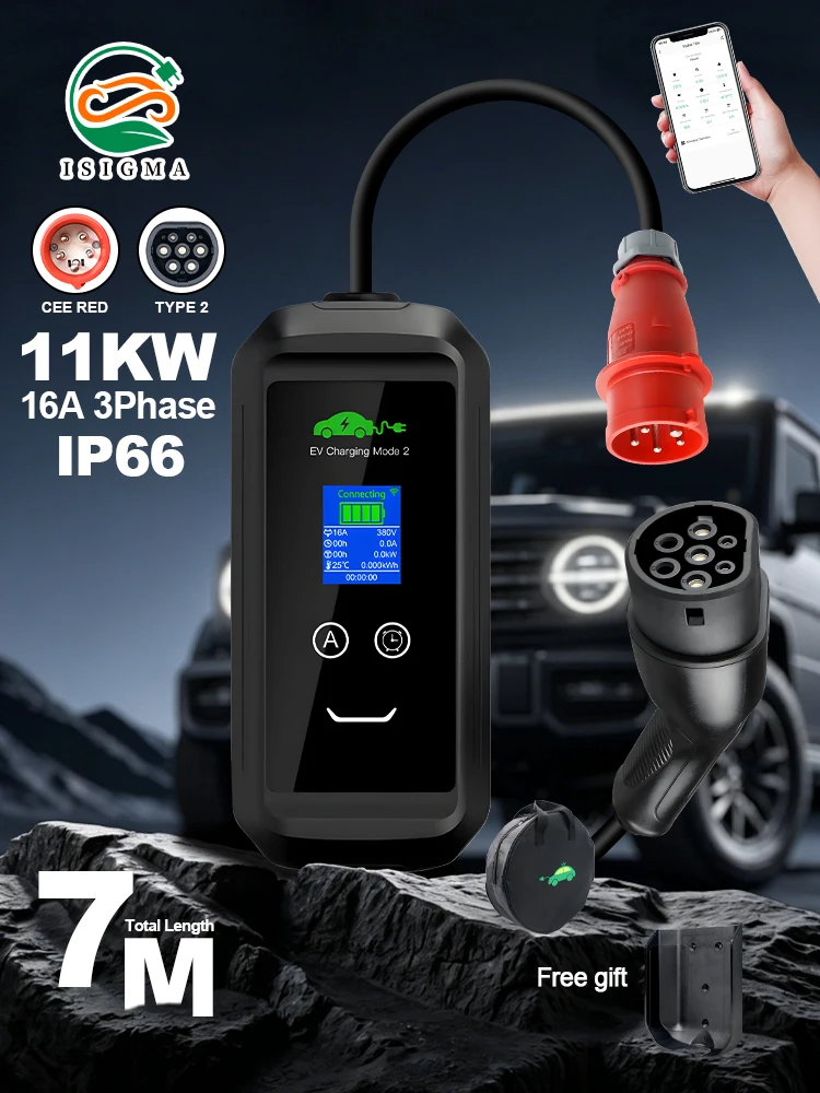 ISIGMA 11KW, einstellbar auf 6/8/10/13/16A, tragbares Typ-2-Ladegerät für Elektrofahrzeuge, Wallbox, Smart-Tuya-App, WLAN-Fernbedienung, IEC62196-2-Standard, 7 Meter langes Typ-2-Kabel, Ladegerät für