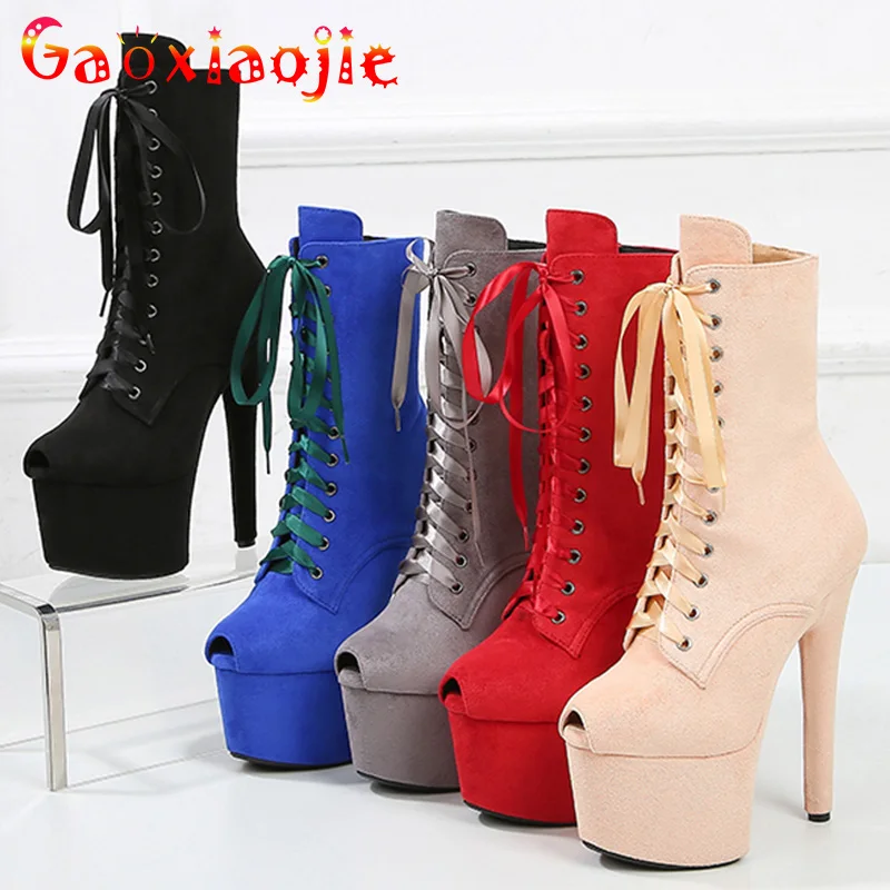 2024 Women Shoes Super High Heel 17cm Thick Bottom Sexy Erotic Short Boots Nightclub Pole Dance Waterproof Platform SHoes