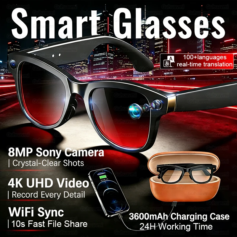 

New M02 Ultra Smart AI Glasses 3600mAh Charging Case Power Bank 1080P HD Camera ChatGPT 32GB Translation Music Video Sunglasses