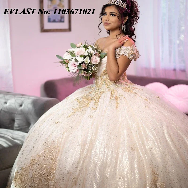 EVLAST индивидуальное платье Quinceanera цвета шампанского, бальное платье с золотой аппликацией, корсет с бисером, мексиканский сладкий 16, Vestidos De 15 Anos SQ560