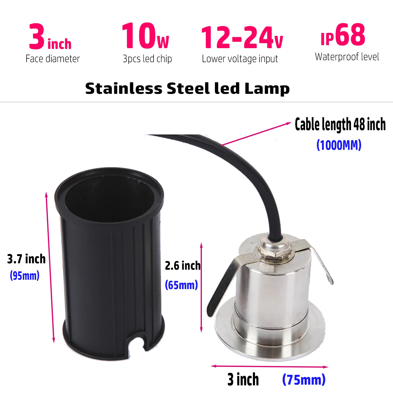 75MM 10W 12v-24v IP68 Cree XTE Chip kolam renang pencahayaan semua baja tahan karat LED lampu bawah air