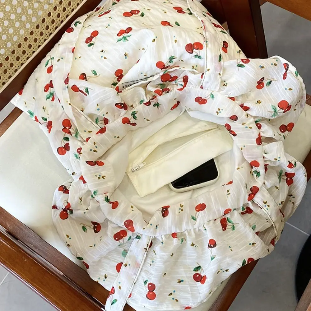 Fashion Flower Chiffon Shoulder Bag Large Capacity Ruffles Mesh Handbag Korean Style Commuting Bag Cherry Tote Bag Women