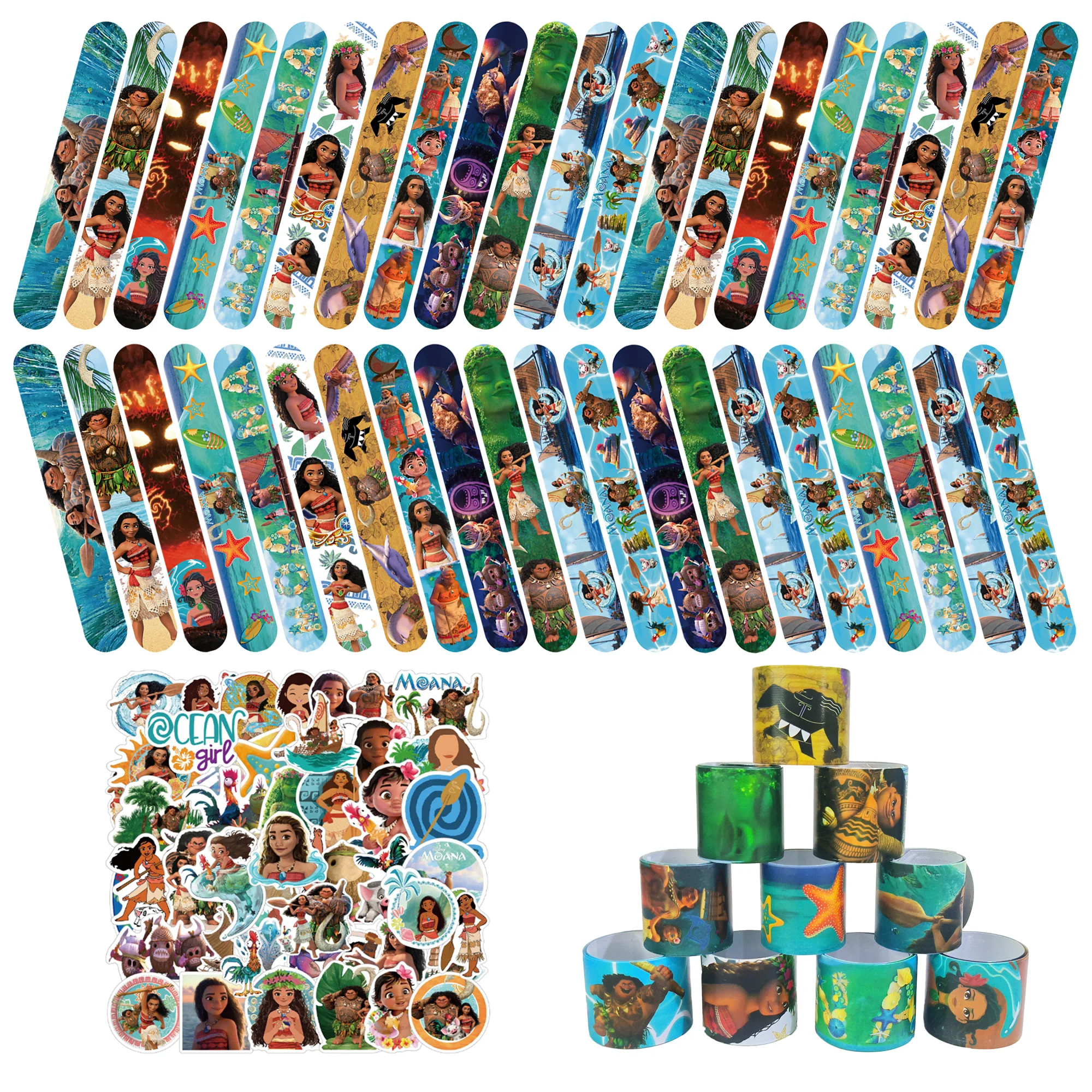 90 Pcs Moana Party Favors-40 Pcs Moana Slap Bracelets+50 Pcs Moana Birthday Stickers for Moana Birthday Party Favors
