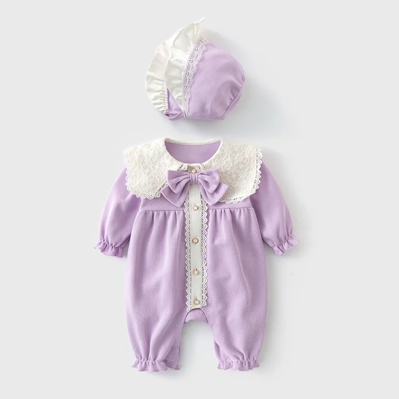 Spring Autumn Baby Girl Romper Korean Cute Doll Collar Bow Cotton Long Sleeve Jumpsuits+Hat Newborn Items Toddler Clothes BC757