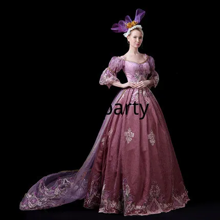 

2019 High Quality Medieval Dress Renaissance Victorian Royal Lilac Puff Sleeve Masquerade Costumes Performance Prom Party Dress