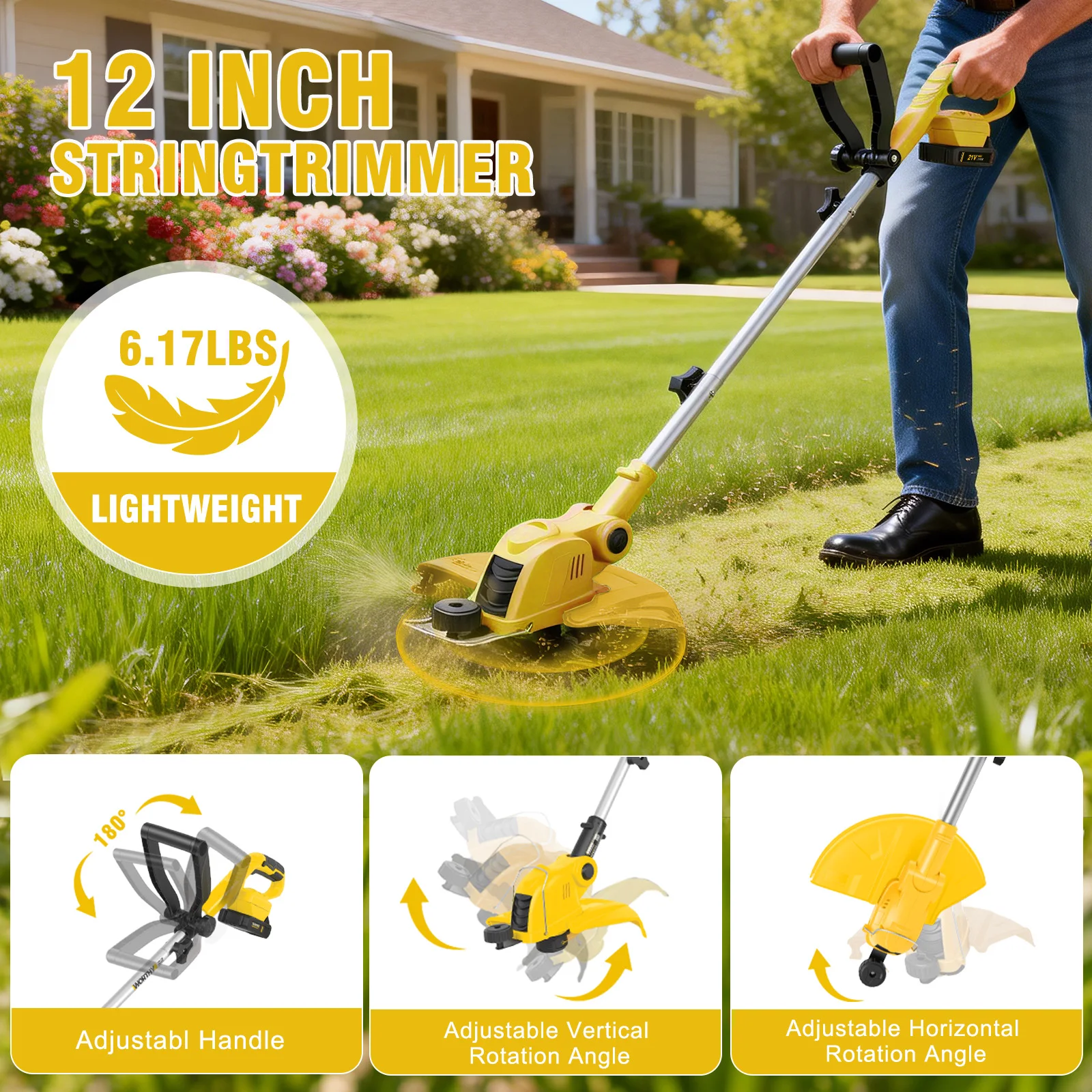 12-Inch Cordless String Trimmer Electric Lawn Mower 90° Rotatable Head Auto Line Feed System Electric Grass Trimmer With 10 Spools 2×2.5Ah Batteries & Charger for Lawn & Garden Cutter