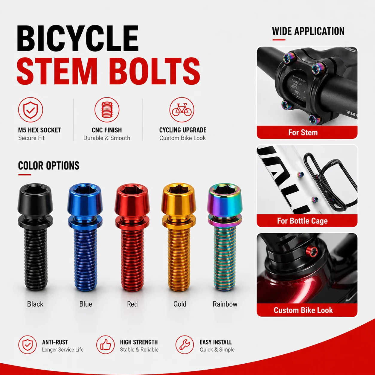 PINMOAP 6PCS Bicycle Stem Screws Bike Handlebar Clamp Bolts Hex Socket Fasteners For Mountain Road Cycling Repair Maintenance
