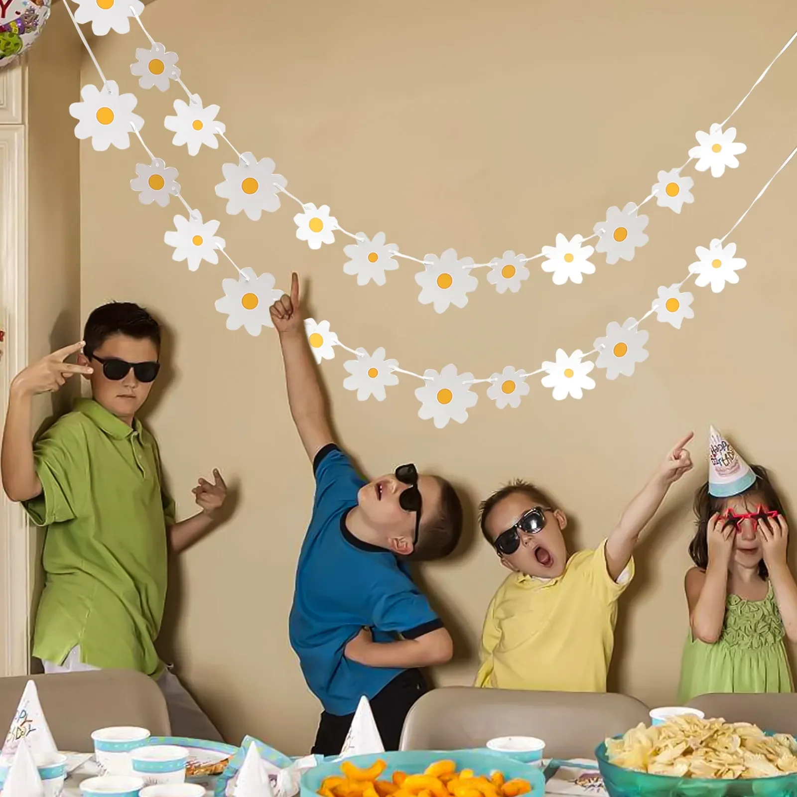 2Pcs Birthday Party Banner Flower Garland Chrysanthemum Paper Decoration Reusable Hanging Party Decorations for Wall Window