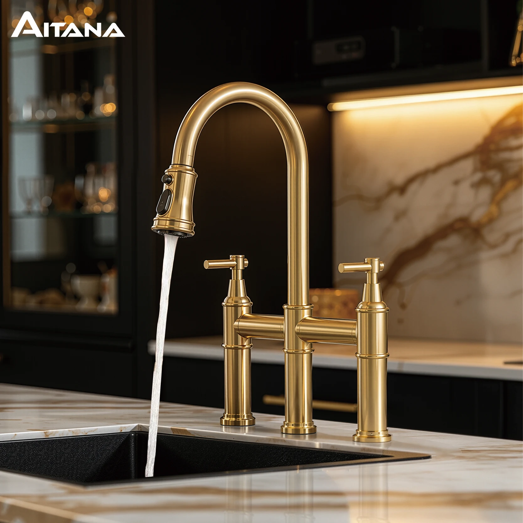 Luxury Brushed Gold Brass Kitchen Faucet, Retro American Style Dual Handle Hot Cold Water Pull Out Sprayer Kitchen Sink Tap